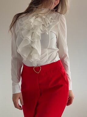 Women's White Ruffle Front Blouse